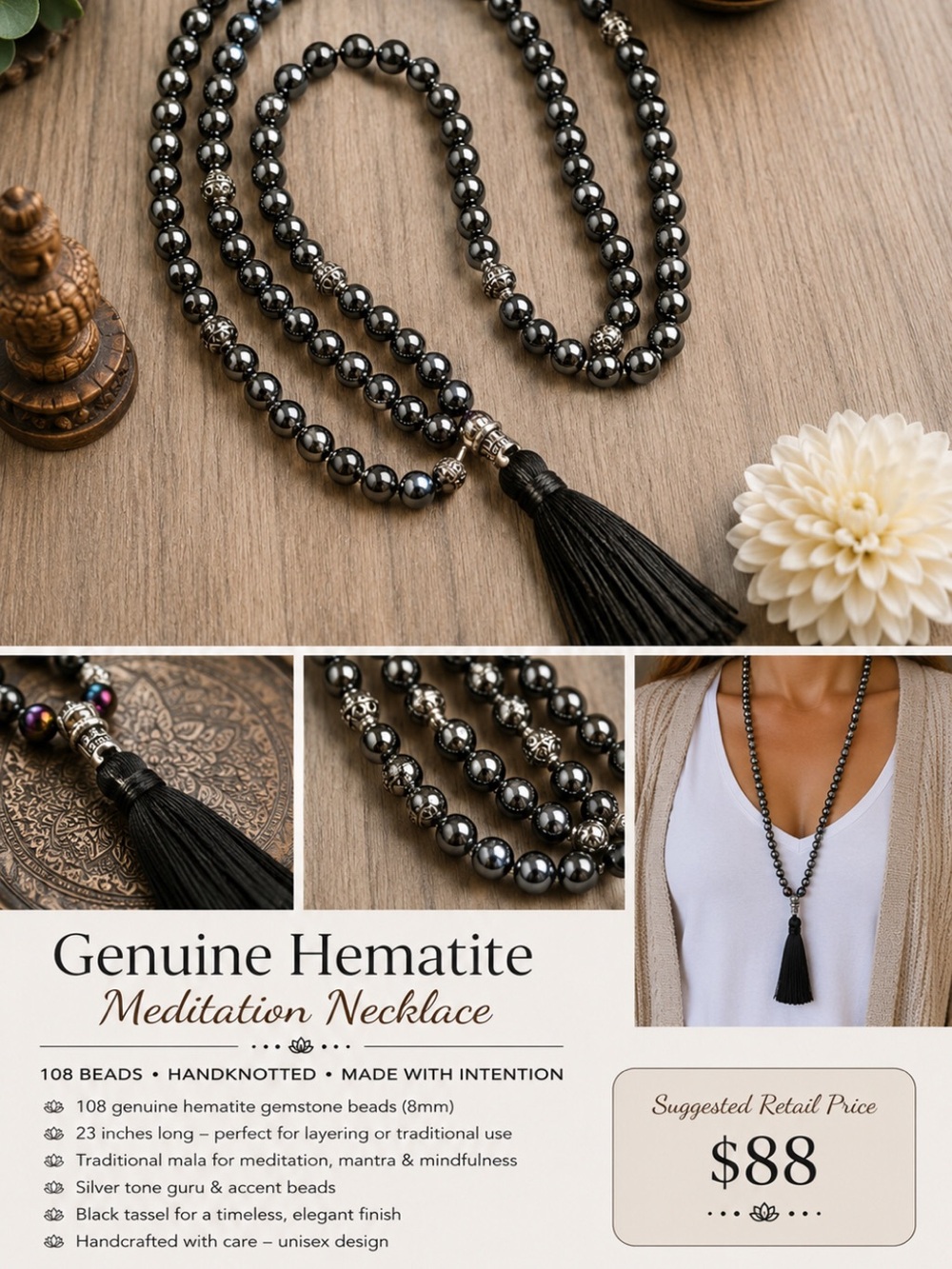 Black Hematite Beaded Necklace with Black Tassel